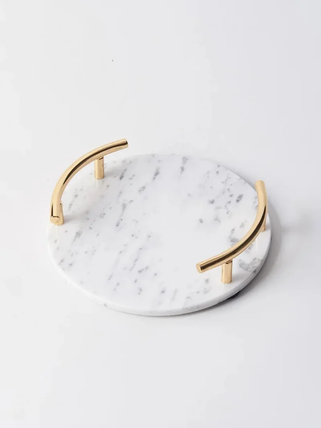 1Chase 1CHASE Round White Marble Tray With Gold Handle